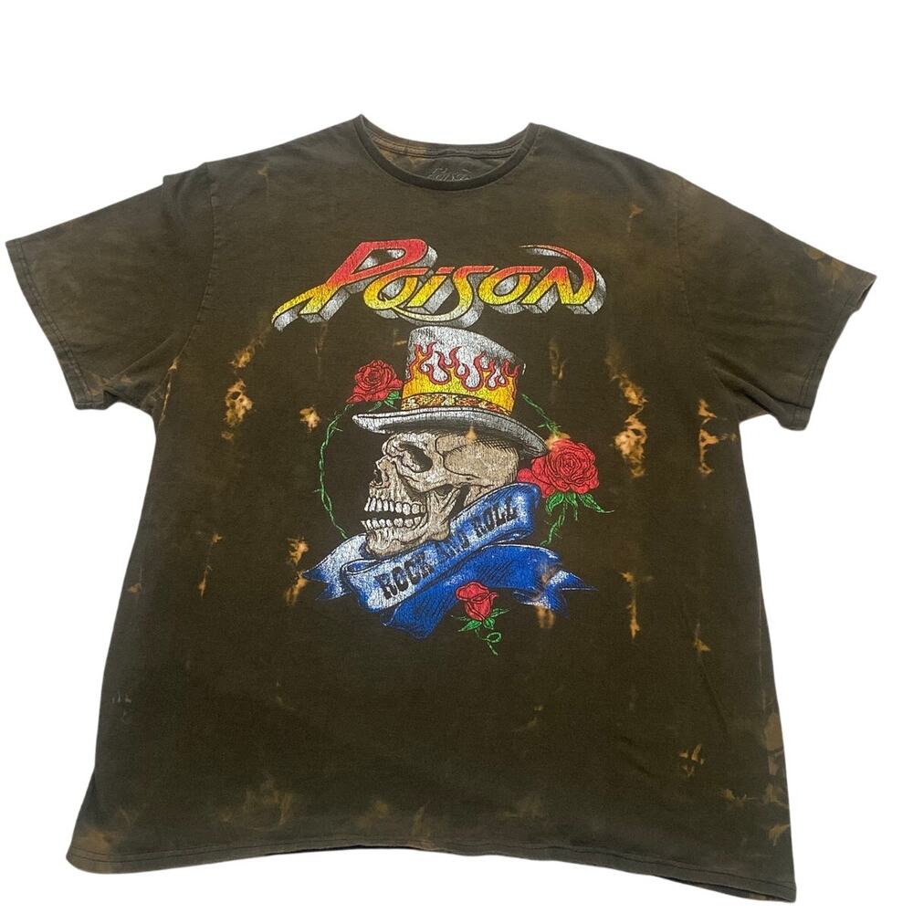Poison Band Graphic T Shirt Brown 2XL Acid Wash Bleach Dye Skull Flame
